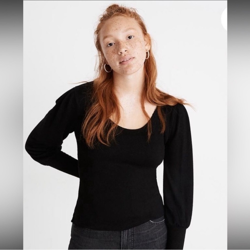Madewell Sweaters | Madewell Puffed Sleeve Scoop Neck Black Sweater
